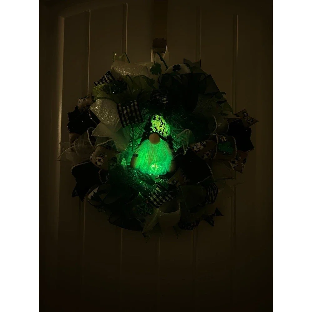 13” St. Patrick’s Day Ribbon Wreath Gnomes : Green & White Handmade MW10